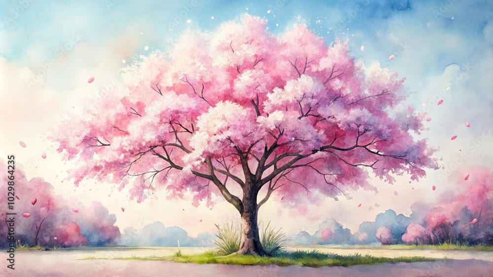 Watercolor painting of a cherry blossom tree viewed from below, creating a forced perspective effect Watercolor painting of a cherry blossom tree viewed from below, creating a forced perspective effect