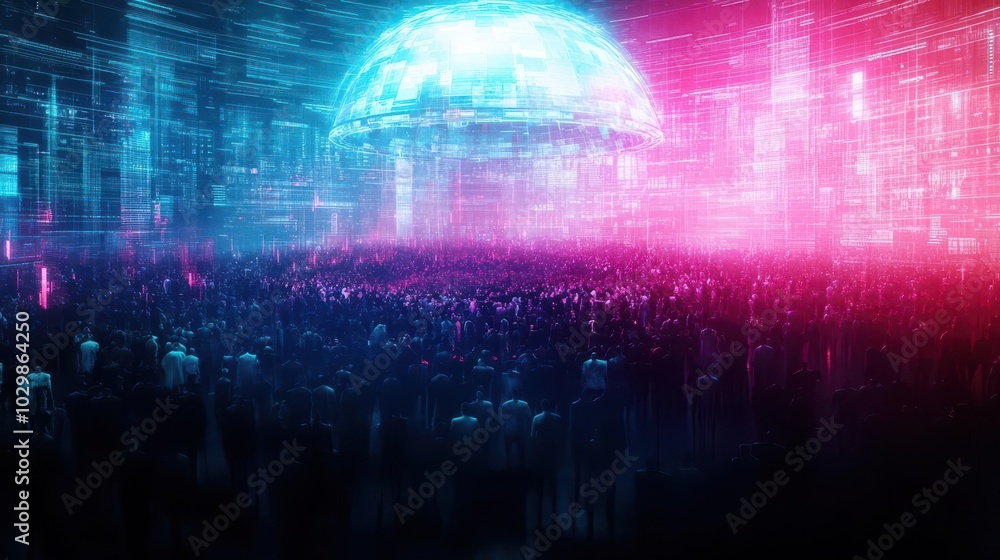 Naklejka premium A crowd of people huddled together under a collapsing holographic dome, symbolizing a digital disaster, soft lighting, vibrant colors, cyberpunk city