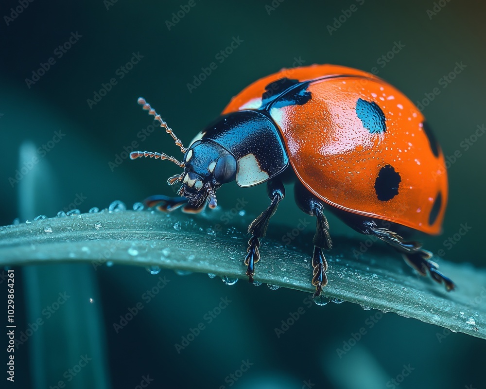 Fototapeta premium A ladybug with black spots on its red shell crawls along a green leaf covered in dew drops.