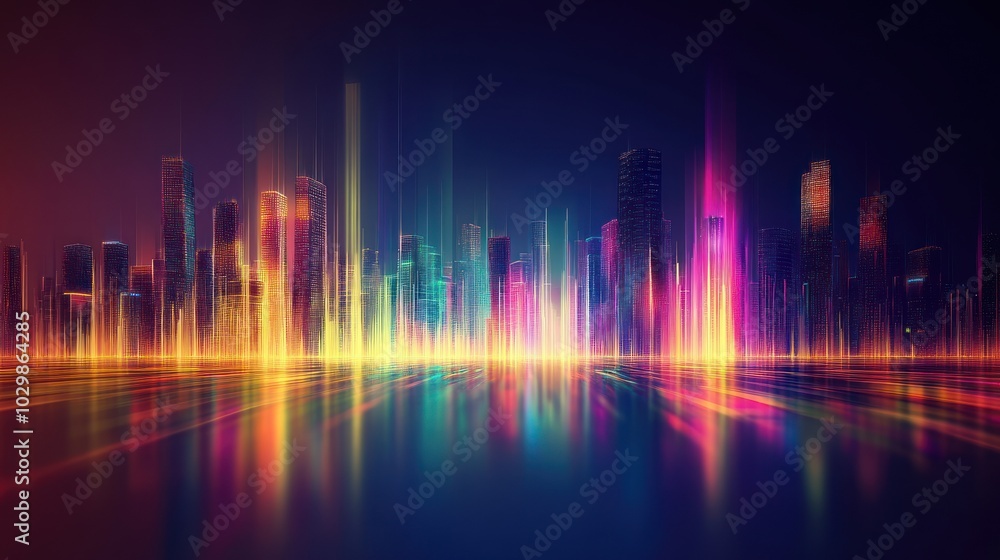 A futuristic cityscape with neon lights reflecting in a water body. A futuristic cityscape with neon lights reflecting in a water body.