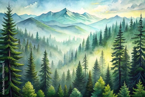 Watercolor painting of a dense forest with tall pine trees, mountains, lush greenery