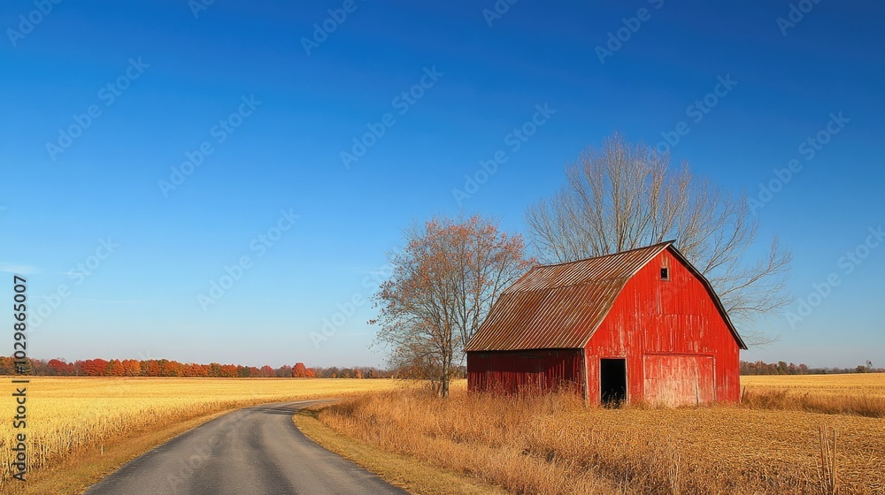 Red barn sits alongside country road, surrounded by golden fields, trees under bright blue sky, capturing a peaceful rural scene Red barn sits alongside country road, surrounded by golden fields, trees under bright blue sky, capturing a peaceful rural scene