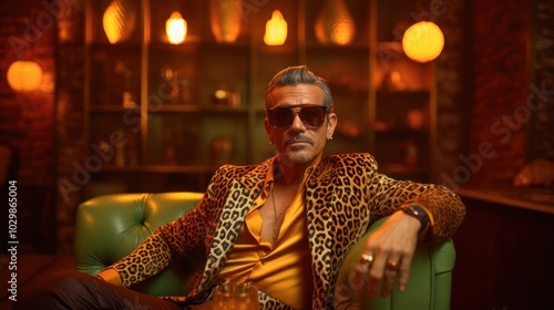 Man in Leopard Print Jacket Posing in a Bar photo