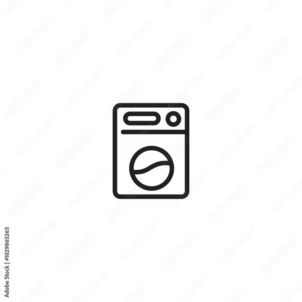 Icon of a front-loading washing machine. A simple outline of a washing machine, showcasing its control panel, detergent dispenser, and drum. Editable icon. Icon of a front-loading washing machine. A simple outline of a washing machine, showcasing its control panel, detergent dispenser, and drum. Editable icon.