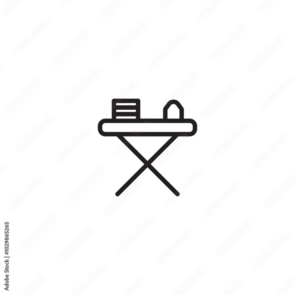 Icon of an ironing board with a stack of clothes and an iron. A simple outline of an ironing board, showcasing its folded legs, flat surface, and the placement of clothes and an iron. Editable icon. Icon of an ironing board with a stack of clothes and an iron. A simple outline of an ironing board, showcasing its folded legs, flat surface, and the placement of clothes and an iron. Editable icon.