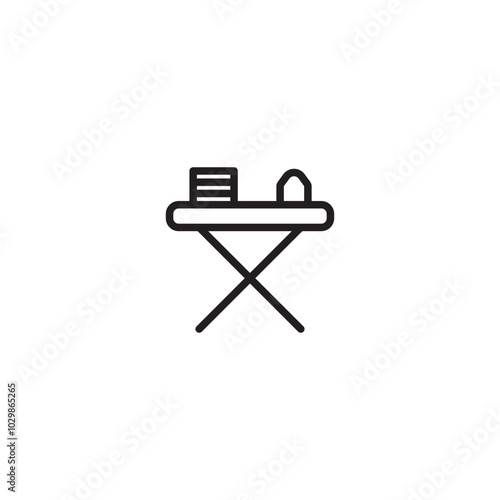 Icon of an ironing board with a stack of clothes and an iron. A simple outline of an ironing board, showcasing its folded legs, flat surface, and the placement of clothes and an iron. Editable icon.