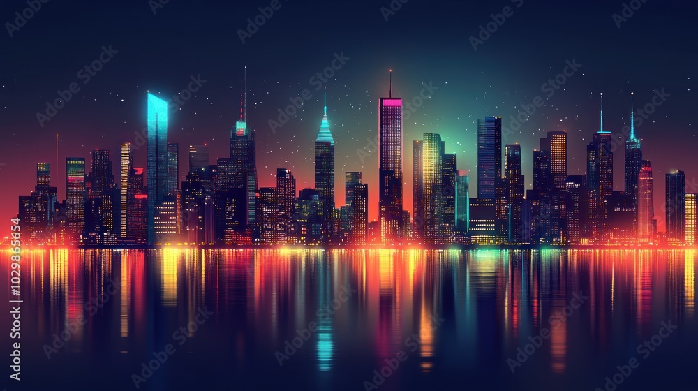 A vibrant city skyline with colorful lights reflecting in the water, set against a dark starry sky. A vibrant city skyline with colorful lights reflecting in the water, set against a dark starry sky.