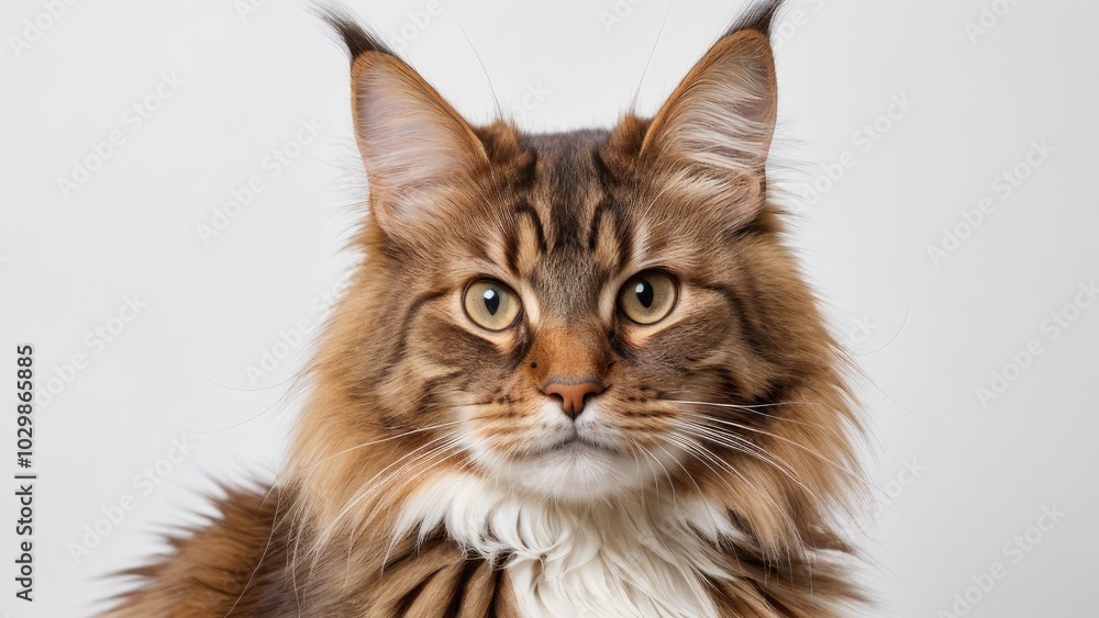 Portrait of Brown maine coon cat on grey background Portrait of Brown maine coon cat on grey background