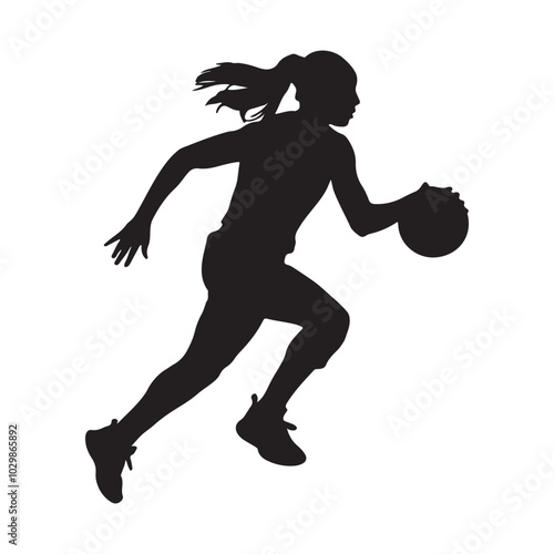 Black silhouette of a women's basketball girl player who jumps high to throw a ball into a hoop with two hands