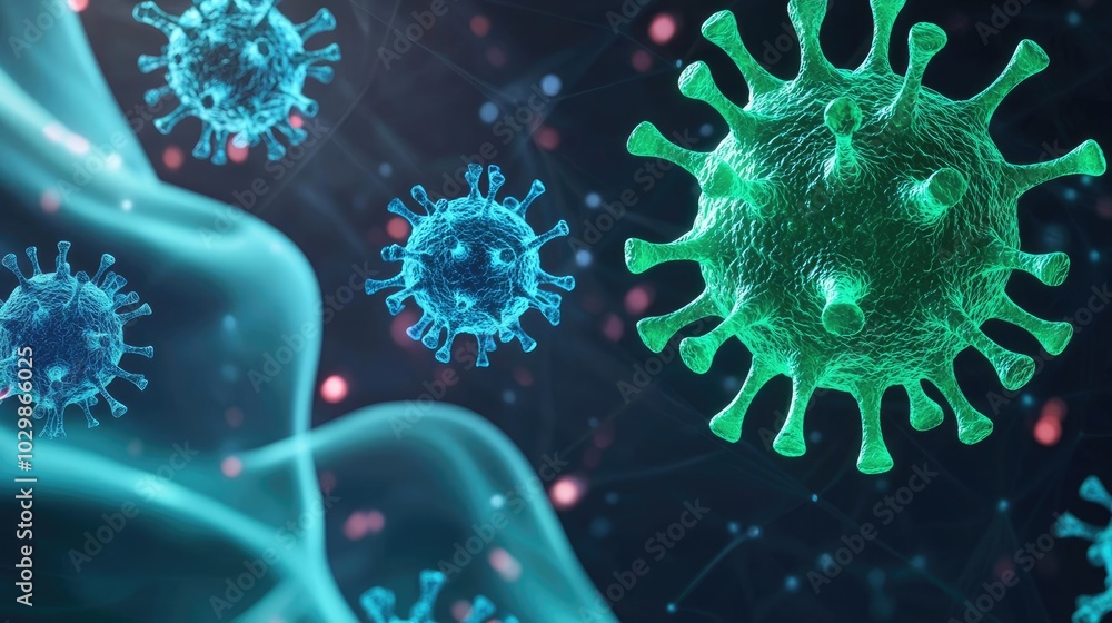 Virus illustration on a dark background with colorful details. Virus illustration on a dark background with colorful details.