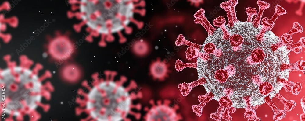 Microscopic view of coronavirus with red and black background. Microscopic view of coronavirus with red and black background.