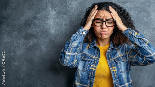 Frustrated consumer holding head, staring at blank wall with confused expression, isolated on neutral background, conveying consumer frustration and confusion.	