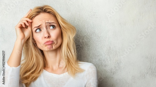 Frustrated consumer holding head, staring at blank wall with confused expression, isolated on neutral background, conveying consumer frustration and confusion. 