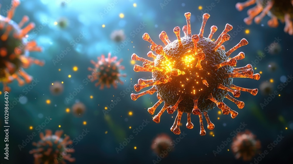 Obraz premium Colorful virus illustration with glowing details on a dark background.