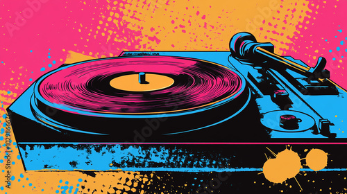 A vintage turntable with a vinyl record playing, rendered in a bright, colorful, and abstract style.