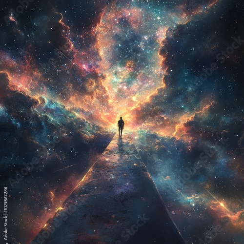 A lone figure walks towards a celestial gateway, surrounded by a vibrant nebula and twinkling stars.