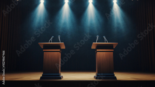 Two brown podiums with microphones under spotlights for public speaking debate presidential vice election political speaker podium