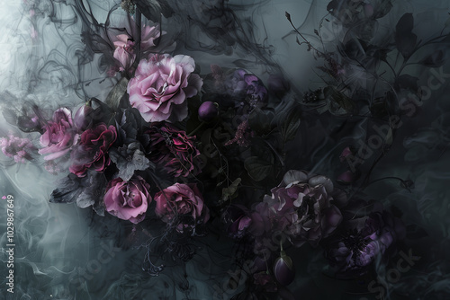 Elegant dark roses mingle with wisps of smoke, forming a captivating composition that evokes a sense of intrigue and beauty in a shadowy environment