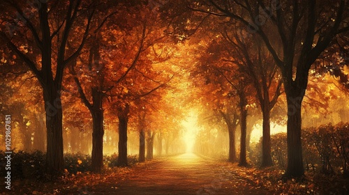 An autumnal night casts an ethereal glow on a park alley, illuminating the silhouettes of trees against a dusky sky.