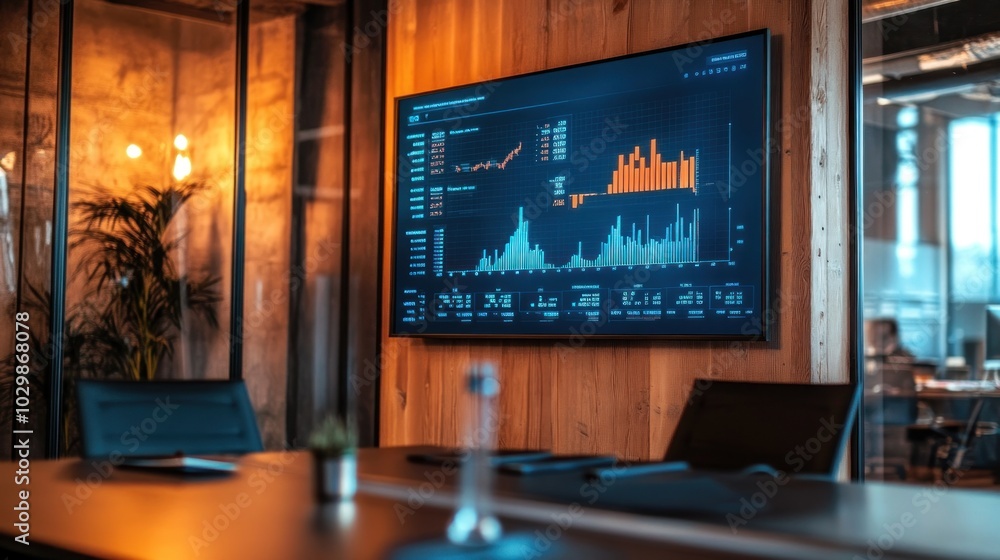 Modern office meeting room with a large screen displaying a financial graph. Modern office meeting room with a large screen displaying a financial graph.