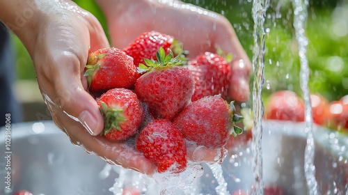  A person is holding strawberries in their hands and washing them under a water tap 