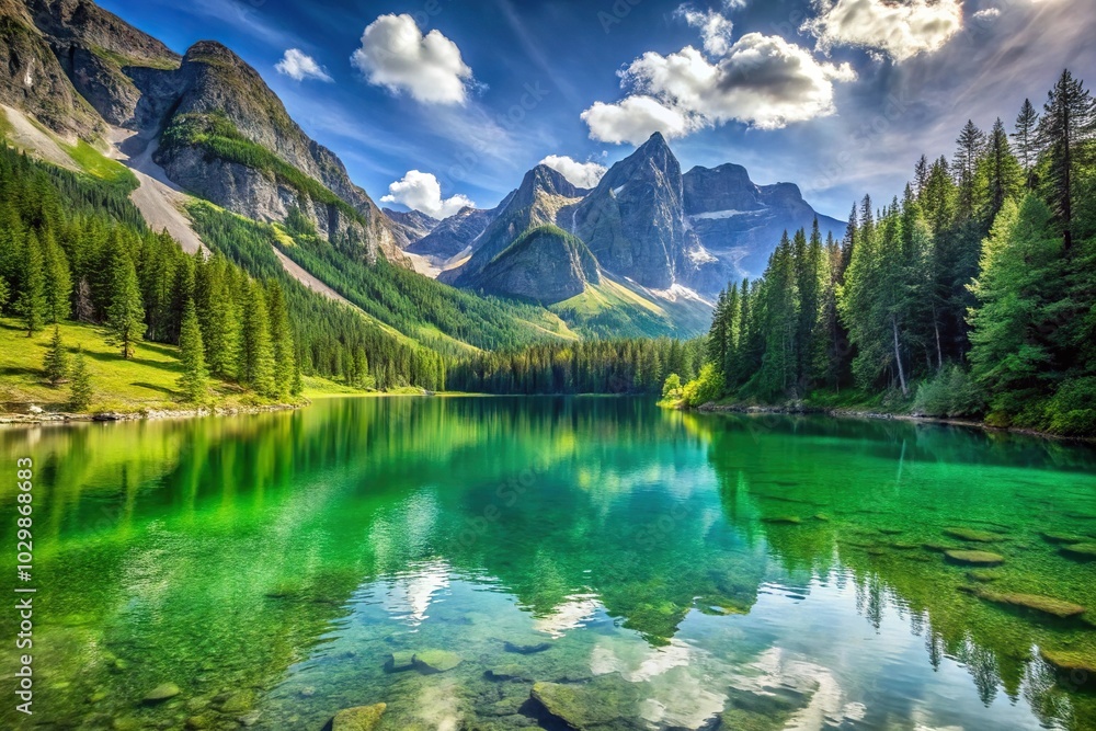 Serene green lake nestled in the heart of towering mountains under a clear sunny sky Serene green lake nestled in the heart of towering mountains under a clear sunny sky