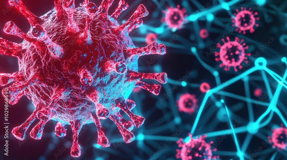 3D rendering of a virus structure with blue and red connections, white background. 3D rendering of a virus structure with blue and red connections, white background.