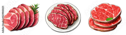 Cuts of steak and beef slices isolated on transparent PNG, great for butcher shop ads and food packaging designs photo