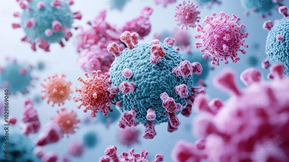Colorful bacteria and viruses on a blue background, scientific illustration. Colorful bacteria and viruses on a blue background, scientific illustration.