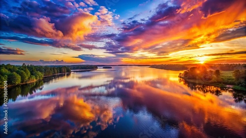 Ethereal Watercolor Sunset: Twilight Harmony with Radiant Orange and Tranquil Purple Aerial Photography