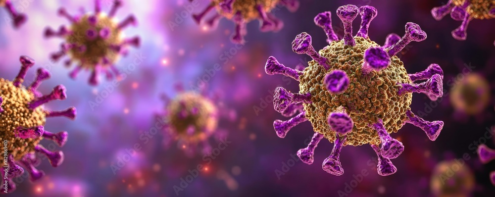 Colorful virus particles in a cosmic backdrop, representing microscopic life. Colorful virus particles in a cosmic backdrop, representing microscopic life.