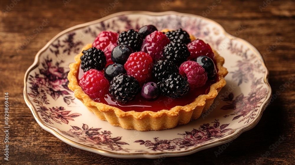 A single berry tart with raspberries, blackberries, and blueberries on a floral patterned plate. A single berry tart with raspberries, blackberries, and blueberries on a floral patterned plate.