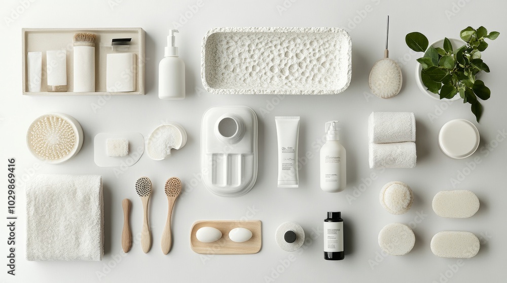 Assortment of personal care items displayed on a white background, including bath accessories.