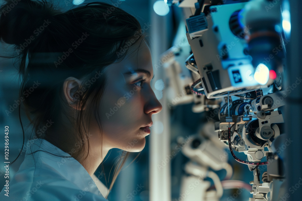 A young scientist intently examines cutting-edge robotic components inside a high-tech research lab illuminated by bright lights, showcasing innovation in technology A young scientist intently examines cutting-edge robotic components inside a high-tech research lab illuminated by bright lights, showcasing innovation in technology