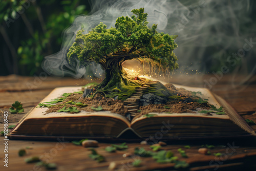 A large, ancient tree with lush foliage rises from the center of an open book, surrounded by mist and soft light, evoking a sense of magic and wonder