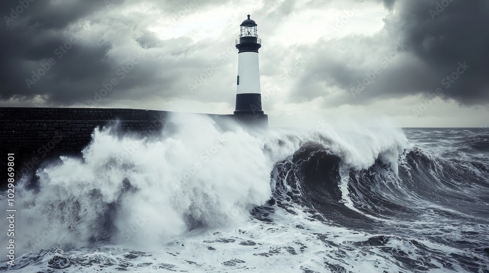 Waves crashing against a lighthouse during a fierce storm. Waves crashing against a lighthouse during a fierce storm.
