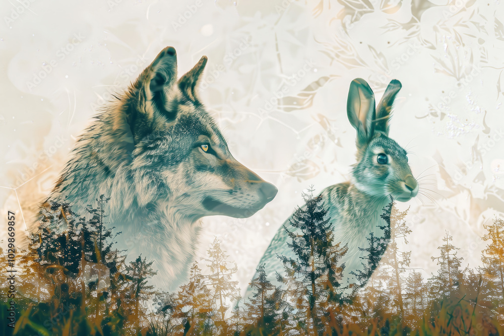 A wolf and a rabbit stand side by side in a tranquil forest, surrounded ...