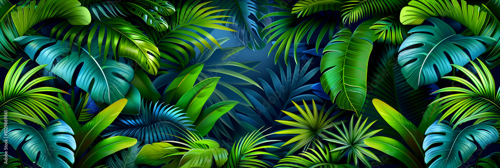 A vibrant jungle scene with a variety of green leaves and brown vines. The foliage is dense and creates a lush, tropical atmosphere. The image is full of life and energy, with the colors of the leaves A vibrant jungle scene with a variety of green leaves and brown vines. The foliage is dense and creates a lush, tropical atmosphere. The image is full of life and energy, with the colors of the leaves