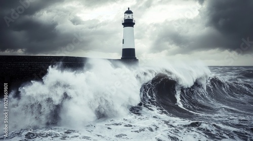 Waves crashing against a lighthouse during a fierce storm.