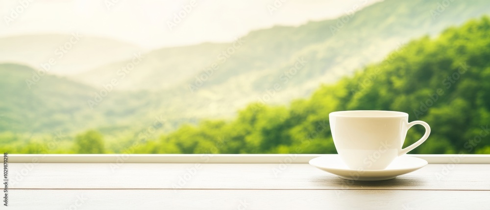 Serene Morning Coffee by the Window with Scenic Mountain View Serene Morning Coffee by the Window with Scenic Mountain View