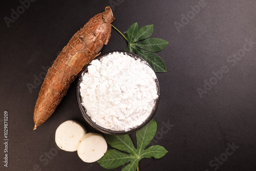 Tepung Tapioca or Cassava Flour and Cassava Tubers. photo