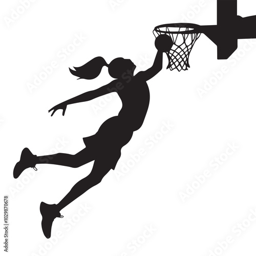 vector silhouette of a female basketball player slam dunk, scoring the ball to the net