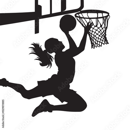 vector silhouette of a female basketball player slam dunk, scoring the ball to the net