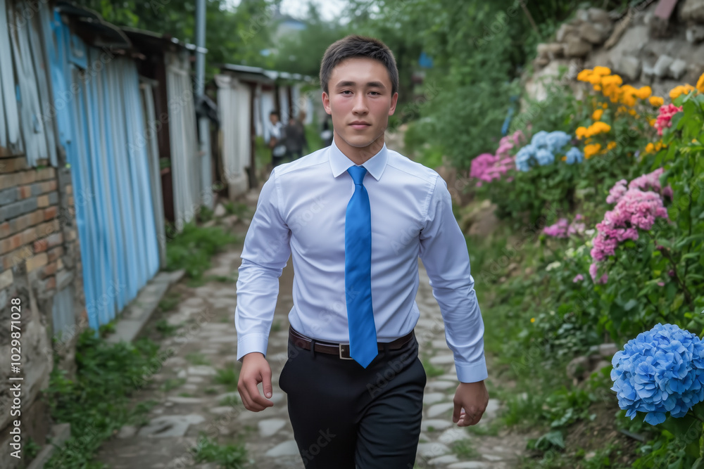 Young man in formal attire walking on a cobblestone path surrounded by blooming flowers and greenery, looking determined Young man in formal attire walking on a cobblestone path surrounded by blooming flowers and greenery, looking determined