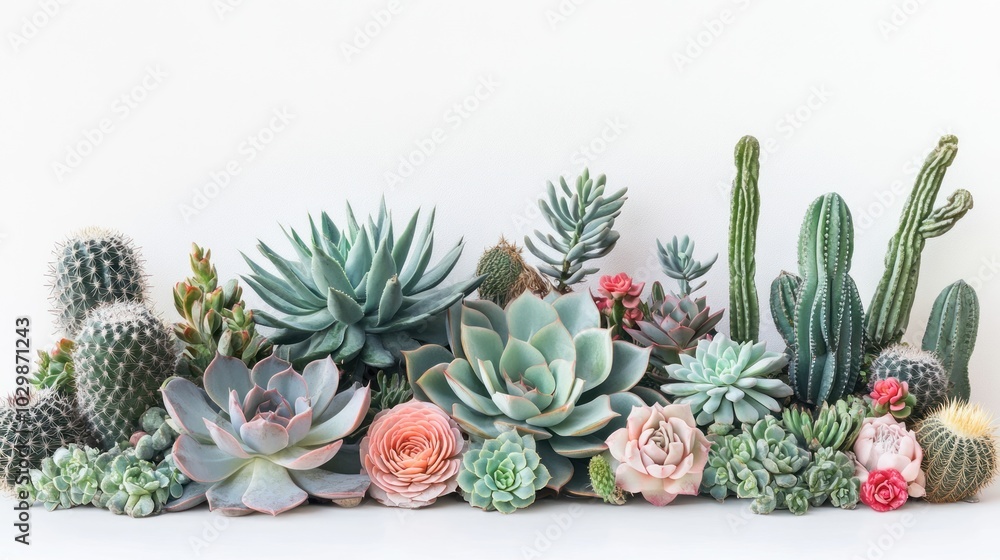 A collection of succulents and cactus plants arranged in a row, with pink roses in between, on a white background. A collection of succulents and cactus plants arranged in a row, with pink roses in between, on a white background.