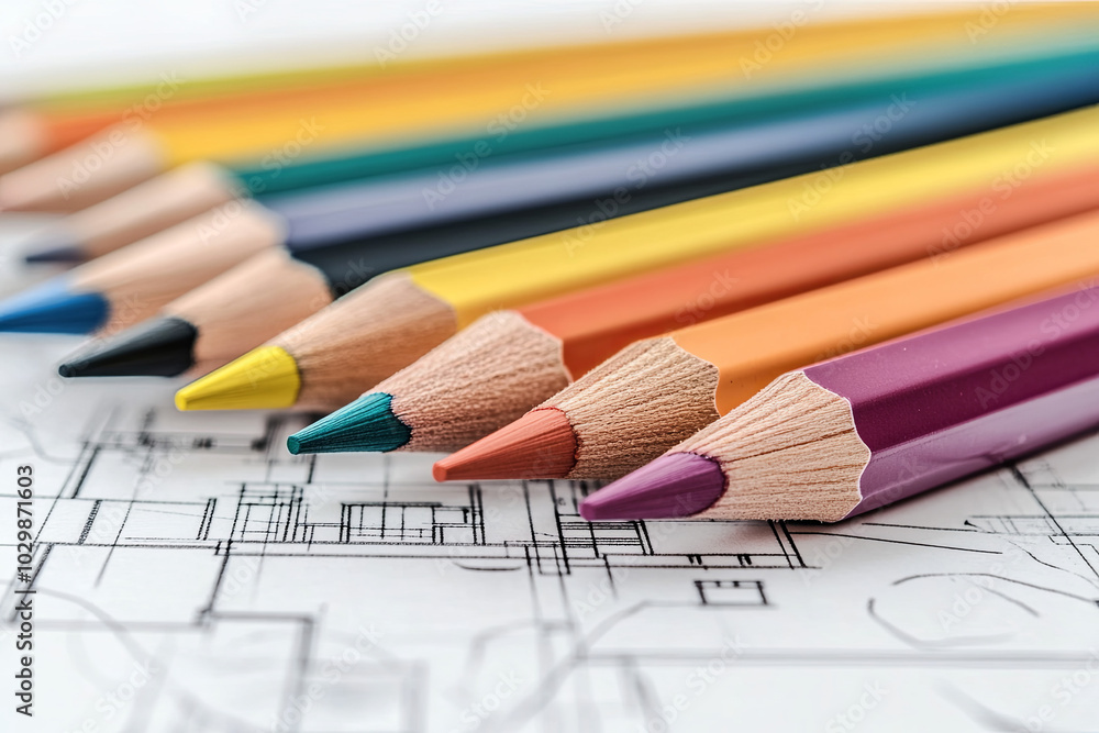 Naklejka premium Architectural plans with a set of colored pencils for zoning