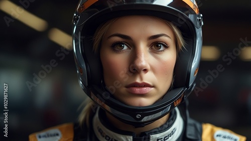 Focused Female Racer Wearing Helmet in Racing Garage