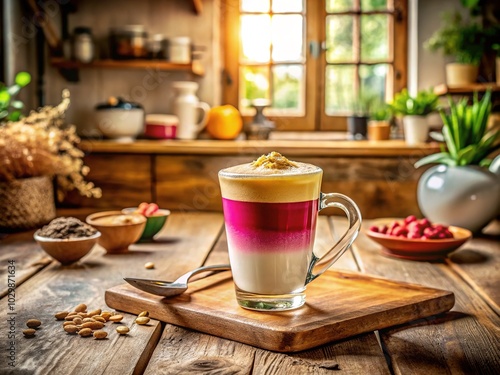 Aerial View of Vegan Grain Coffee with Oat Milk Foam in a Cozy Home Kitchen Interior