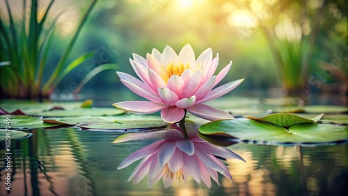 Watercolor painting of light pink water lily in pond with branch and round leaves