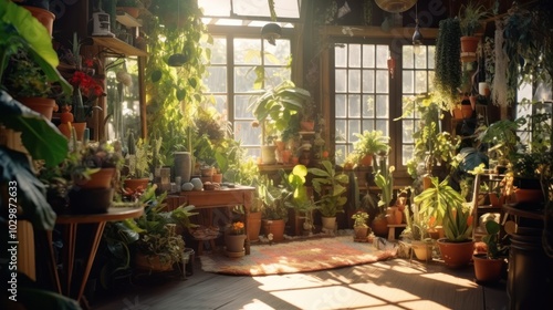 Sunlit Greenhouse with Lush Greenery